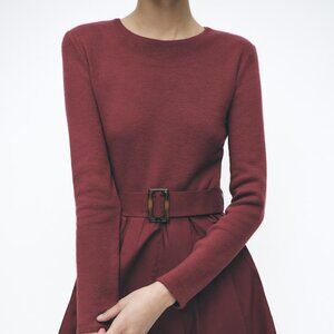 Zara Burgundy Belted Long Sleeve Mini Dress Chic Minimalist Size Large NWT